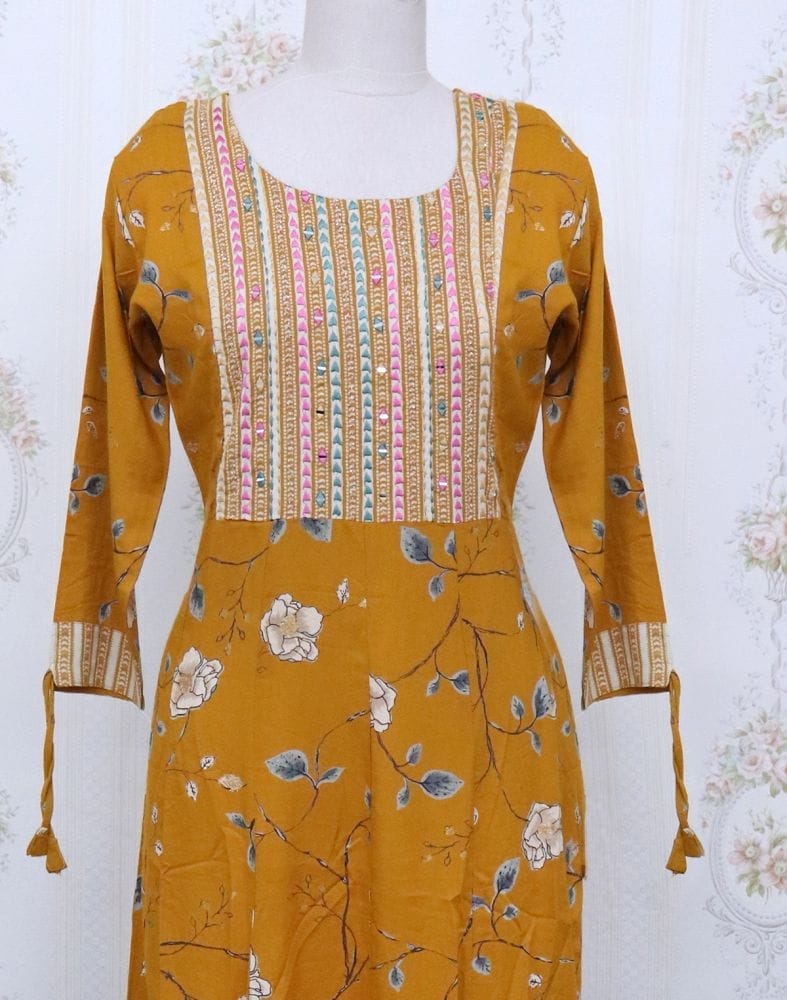 Mustard Floral Cotton Mirror Kurti