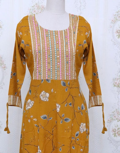 Mustard Floral Cotton Mirror Kurti