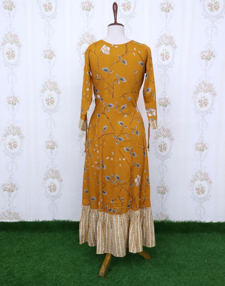 Mustard Floral Cotton Mirror Kurti