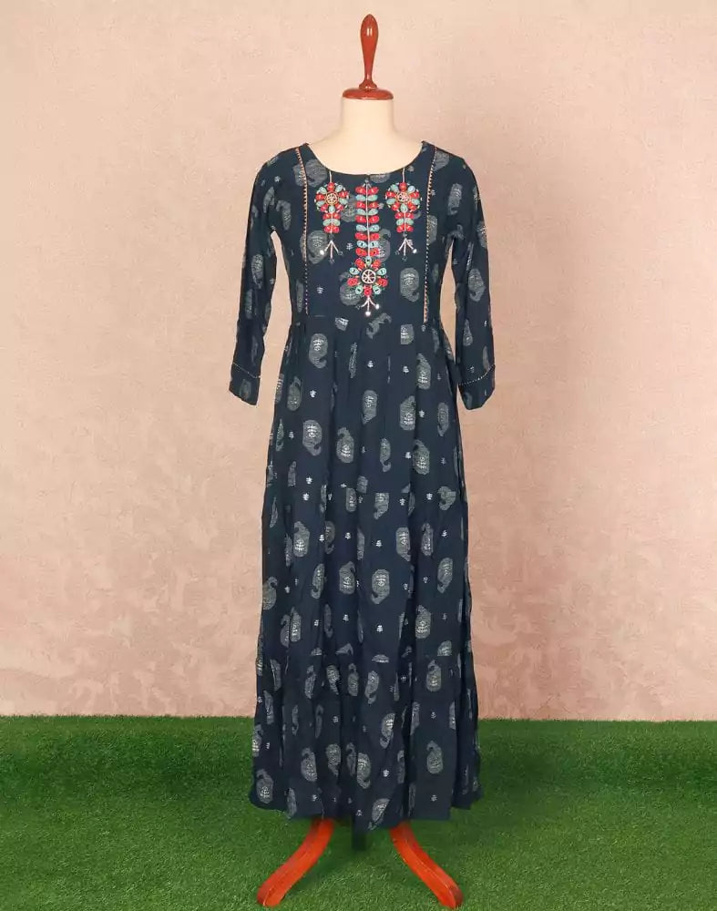 Blue Coloured Paisley Print Rayon Kurti