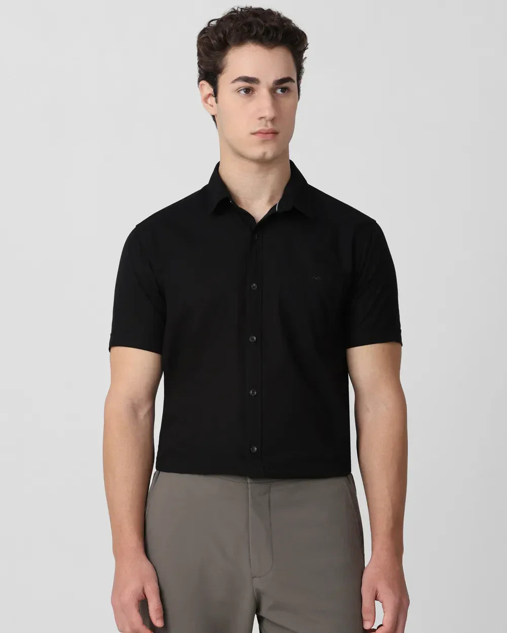 Black Solid Cotton with Linen Half Sleeve Shirt