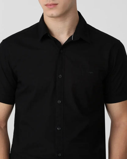 Black Solid Cotton with Linen Half Sleeve Shirt