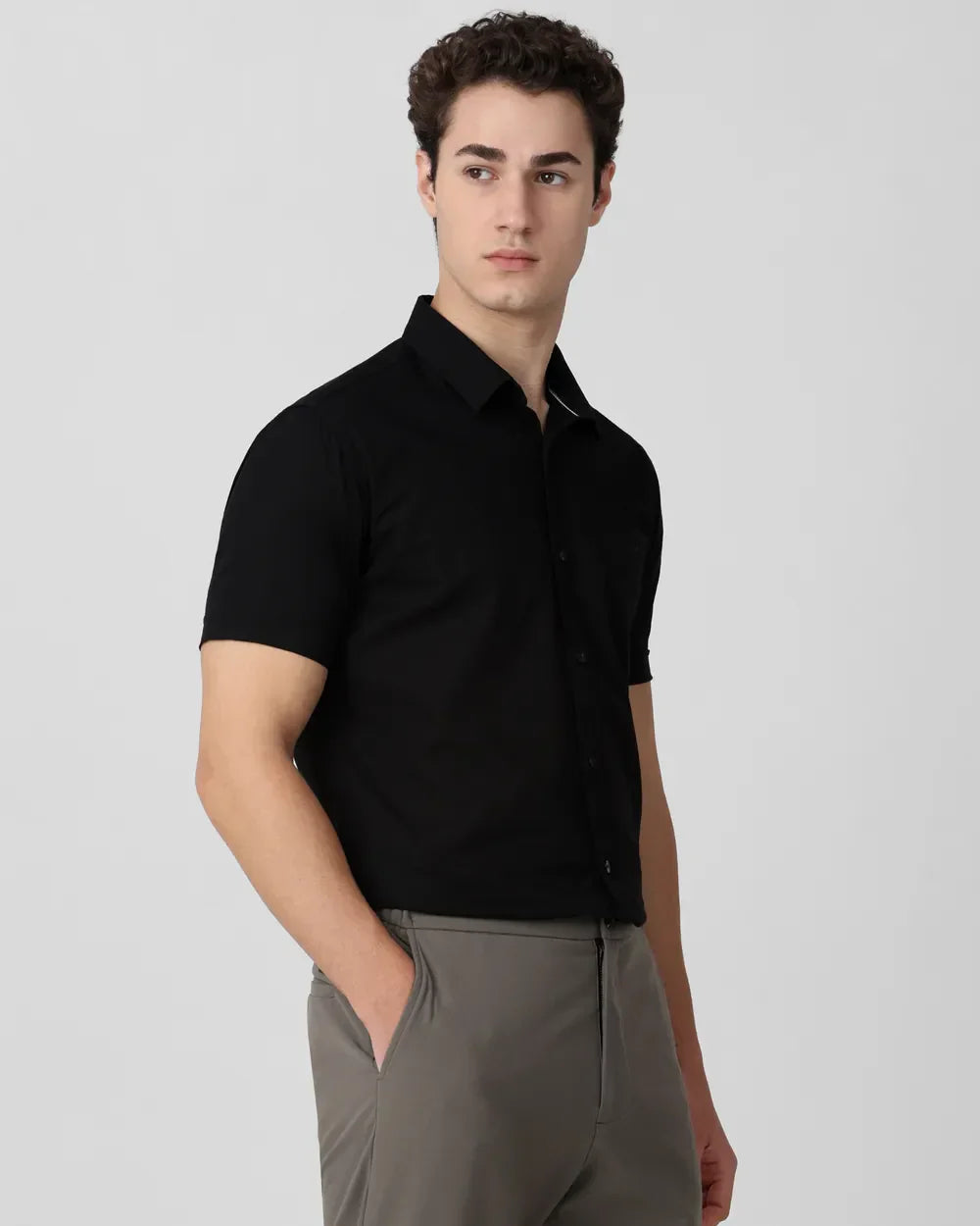Black Solid Cotton with Linen Half Sleeve Shirt