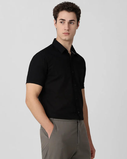 Black Solid Cotton with Linen Half Sleeve Shirt