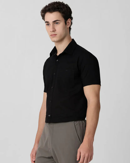 Black Solid Cotton with Linen Half Sleeve Shirt