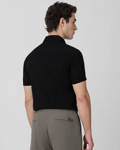 Black Solid Cotton with Linen Half Sleeve Shirt