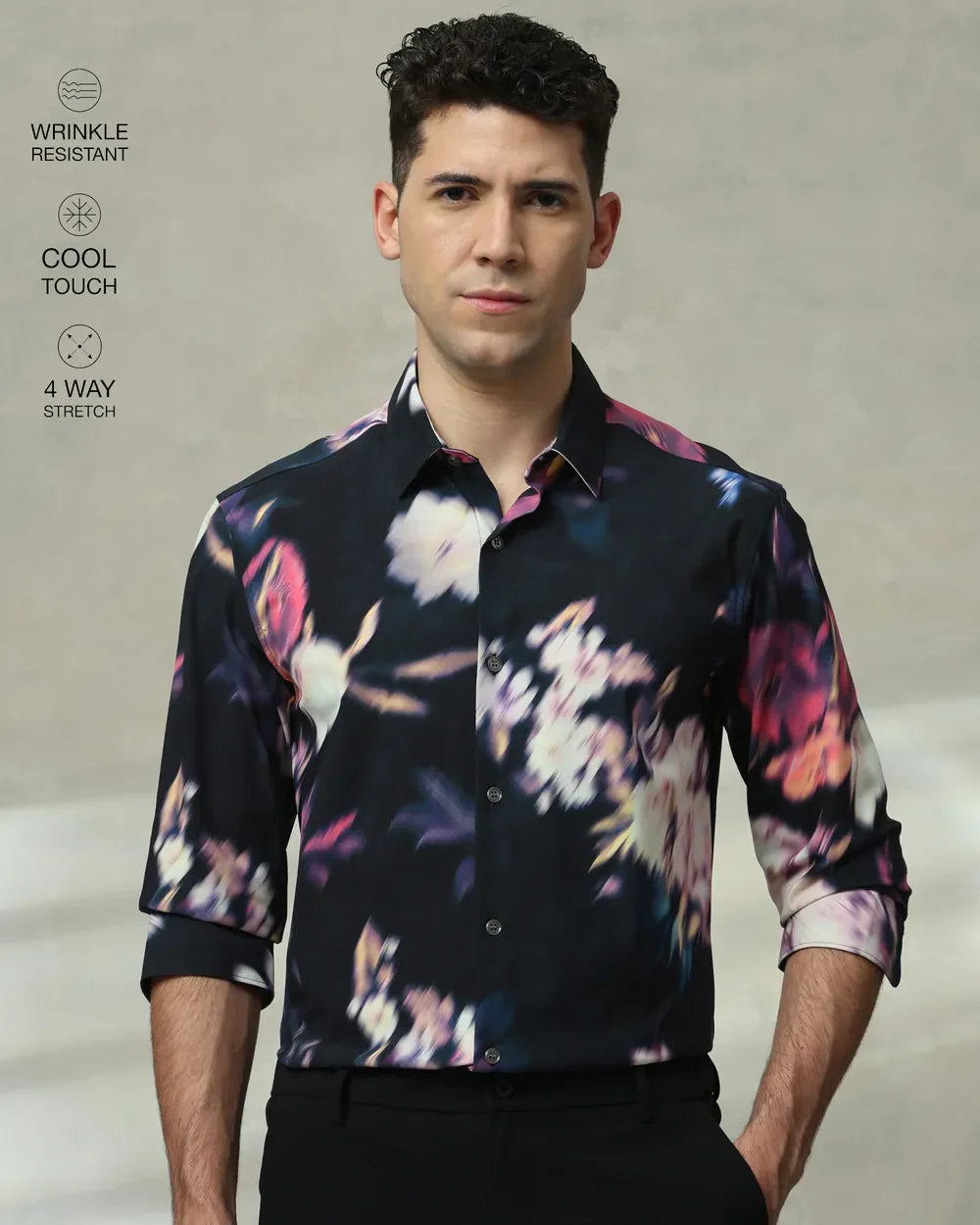 Black Graphic Print Imported Stretch Nylon Full Sleeve Shirt