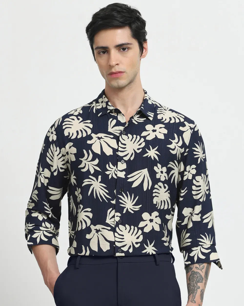 Navy Blue Floral Design Viscose Full Sleeve Shirt