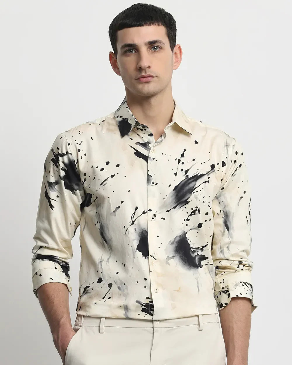 Beige Digital Printed Cotton Full Sleeve Shirt