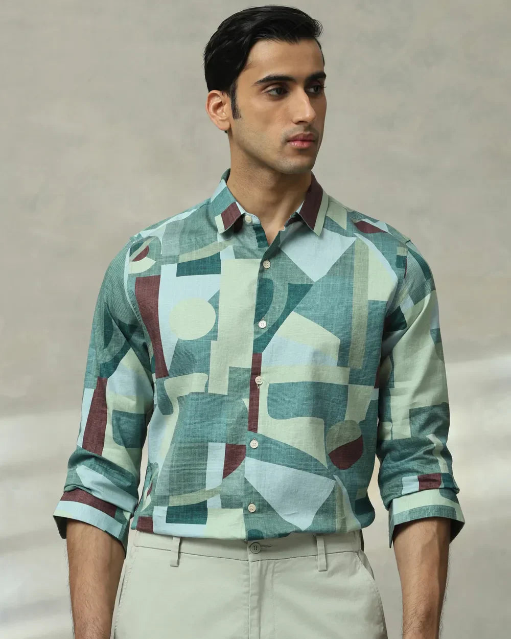 Green Abstract Print Full Sleeve Cotton Shirt
