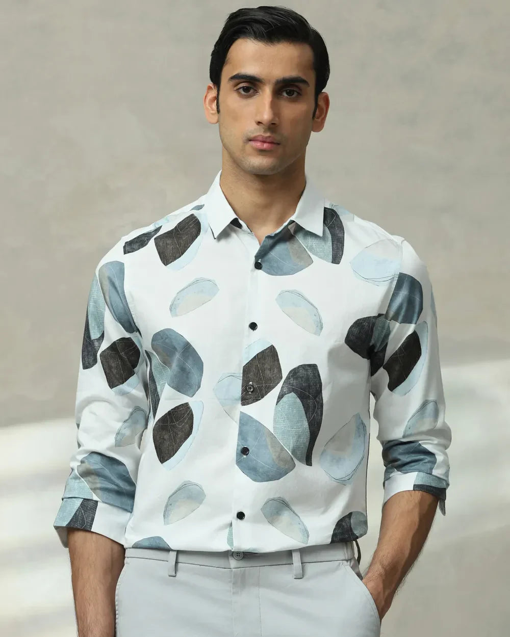 Iced Light Blue Digital Floral Print Full Sleeve Cotton Shirt