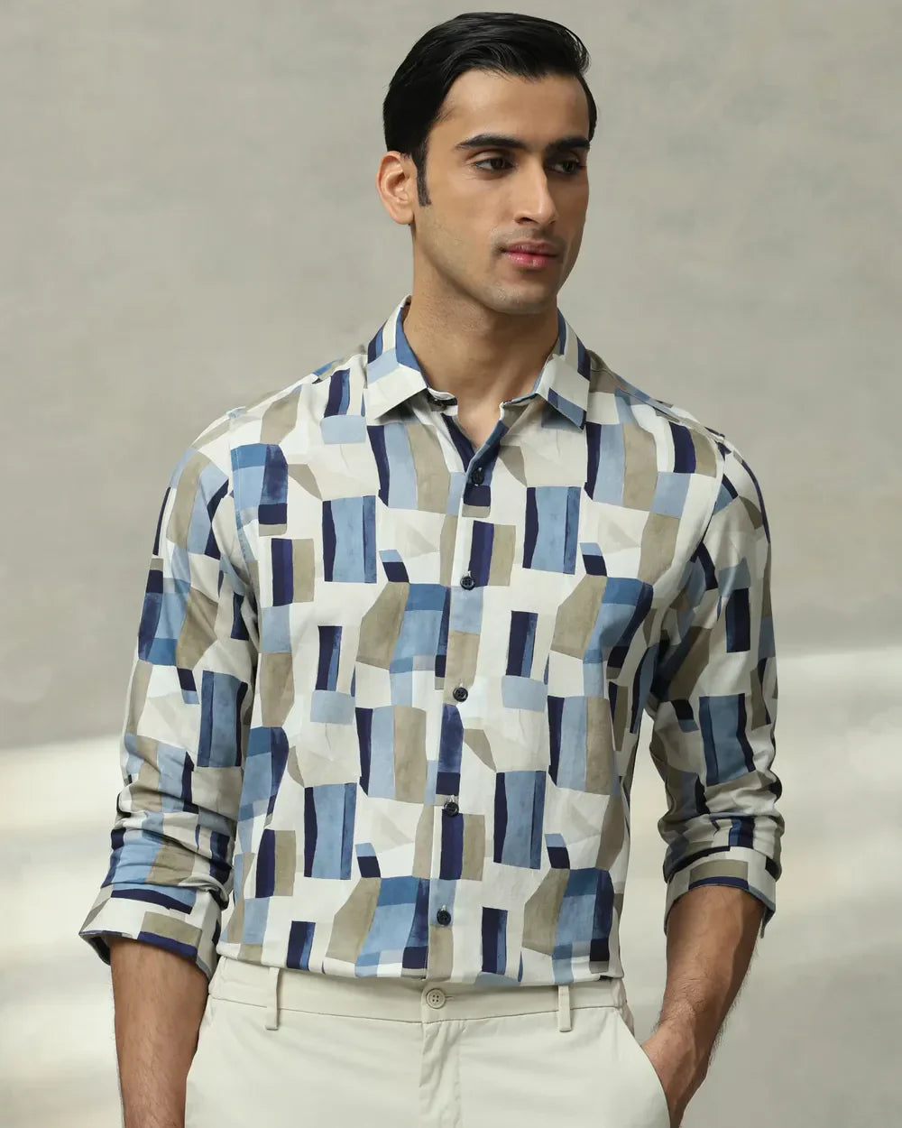 Full Sleeve Beige Graphic Print Cotton Shirt