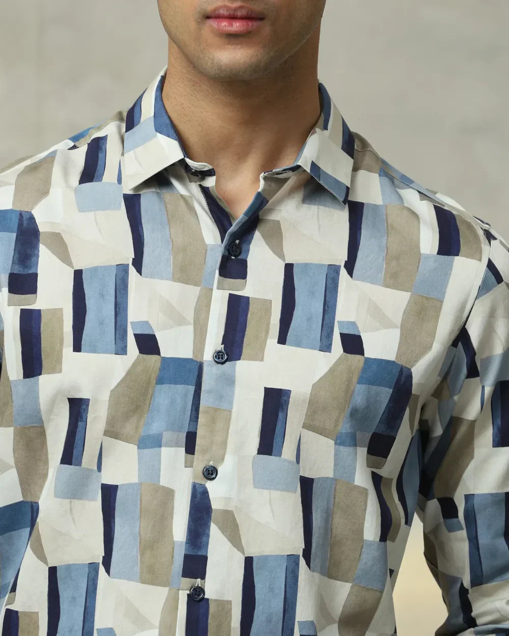 Full Sleeve Beige Graphic Print Cotton Shirt