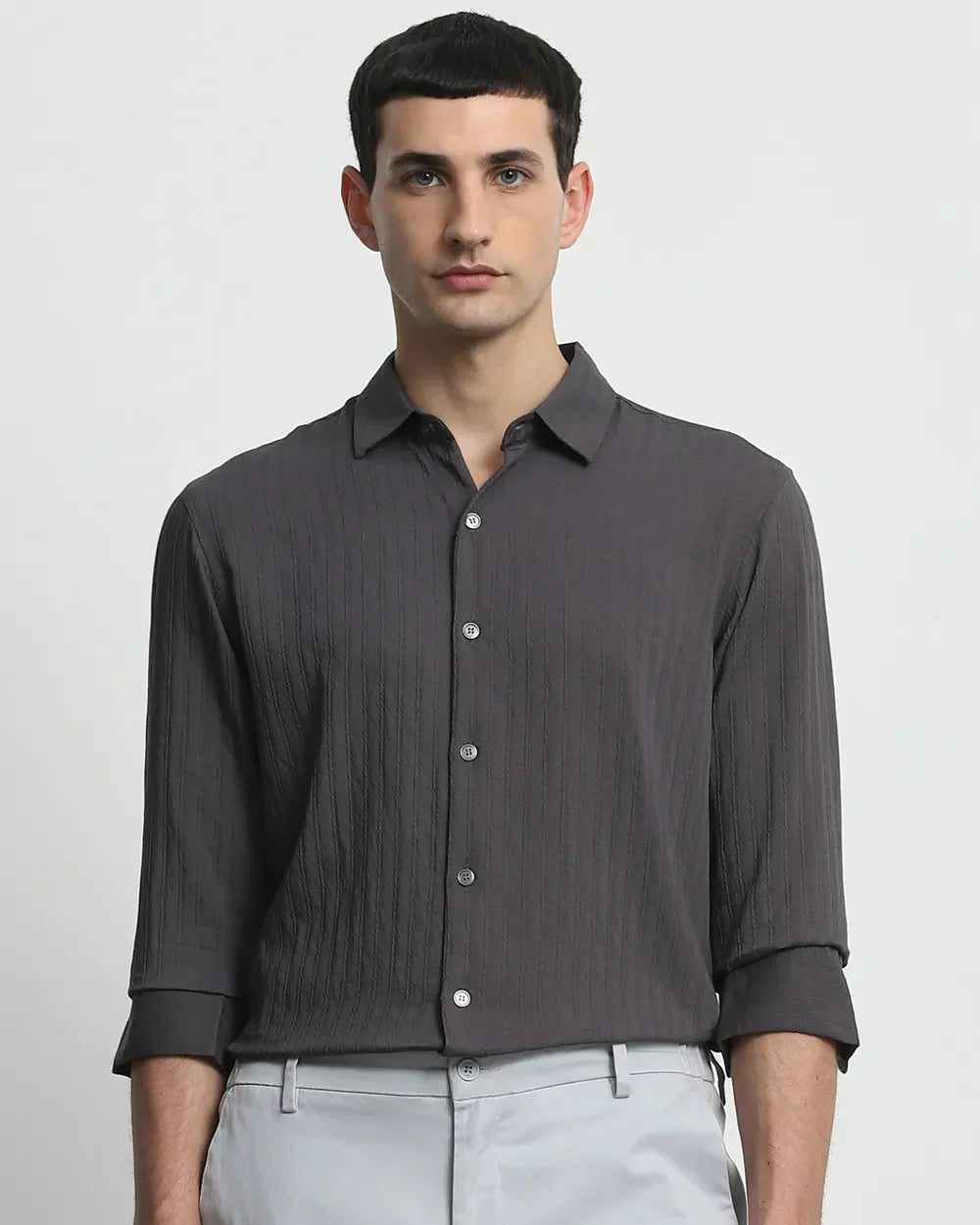 Grey Plain Rayon and Nylon Fabric Full Sleeve Shirt