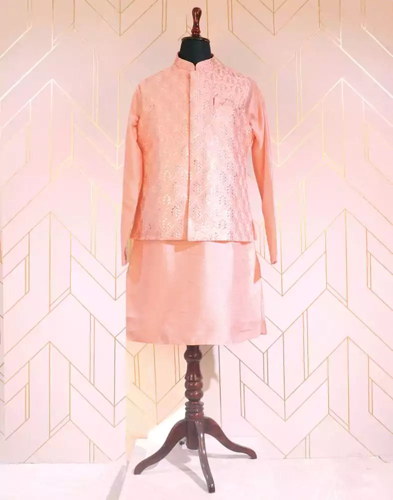 Peach Raw Silk De Royal Kurta Jacket Set