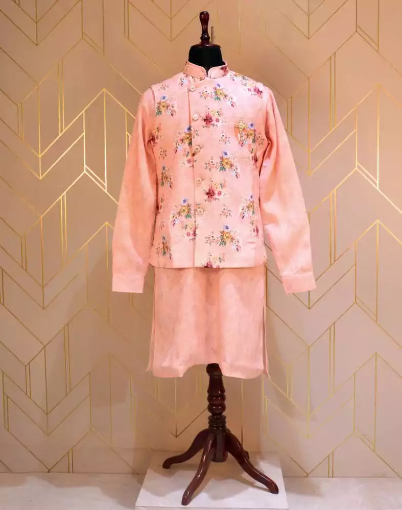 Peach Khadi Silk De Royal Kurta Jacket Set