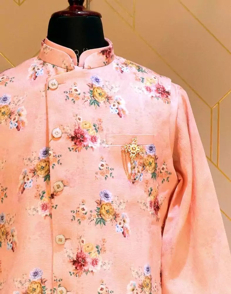 Peach Khadi Silk De Royal Kurta Jacket Set
