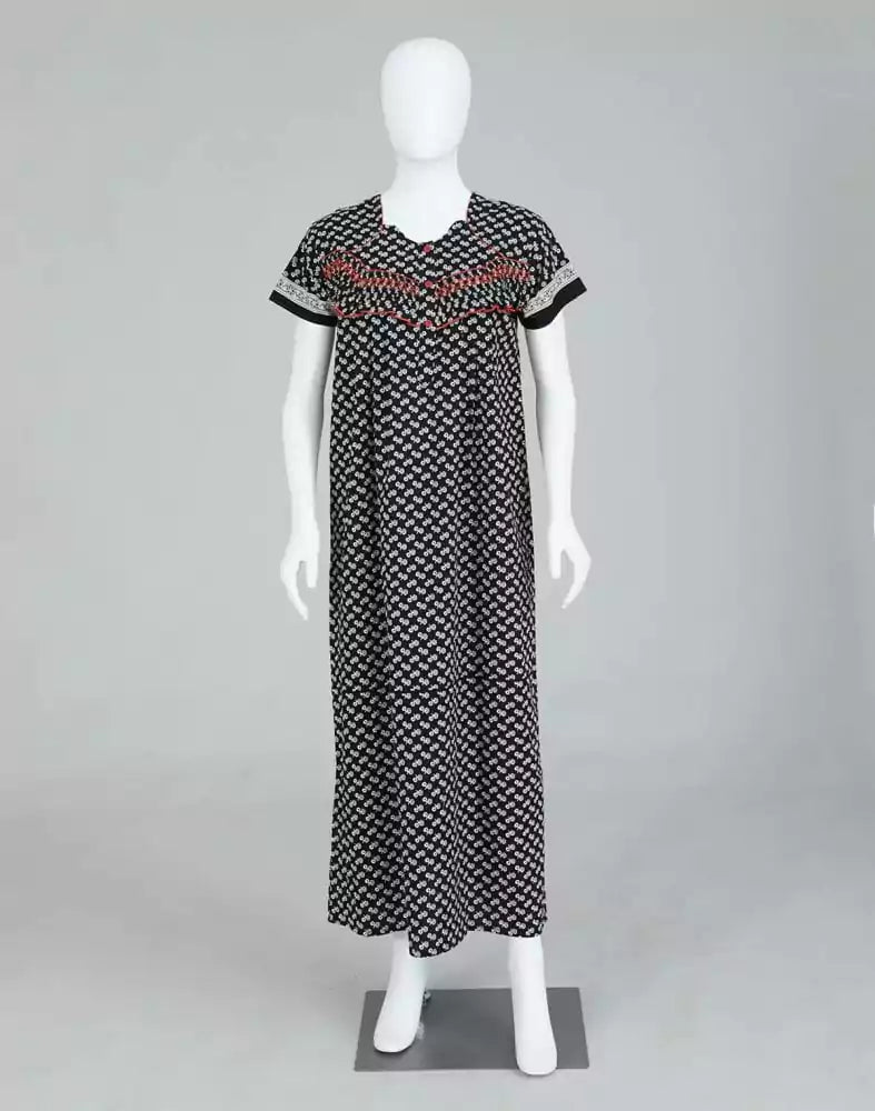 Black Floral Cotton Printed Women Nighty