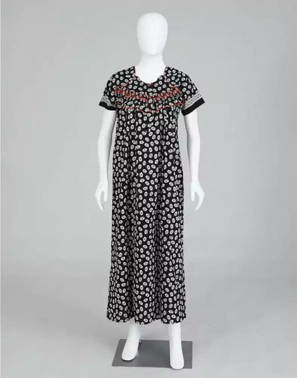 Black Block Print Cotton Printed Women Nighty
