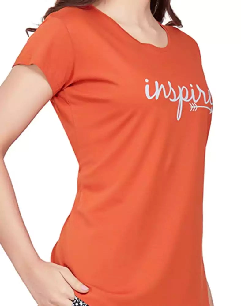 Dark Orange Typography Cotton Printed Night Wear