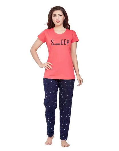 Peach Typography Cotton Printed Night Wear