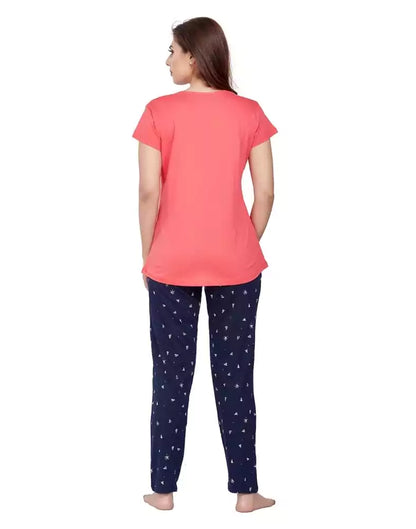 Peach Typography Cotton Printed Night Wear