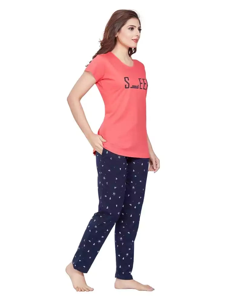 Peach Typography Cotton Printed Night Wear