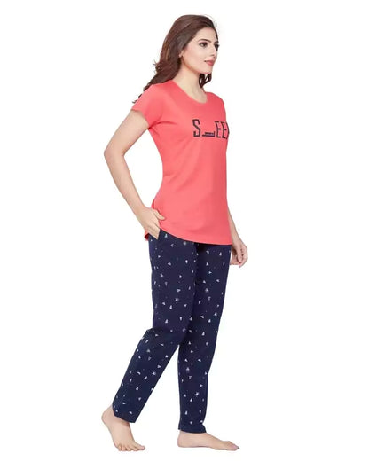 Peach Typography Cotton Printed Night Wear