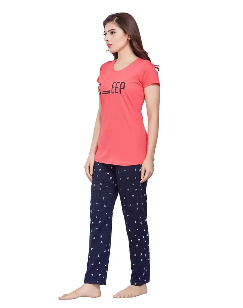 Peach Typography Cotton Printed Night Wear