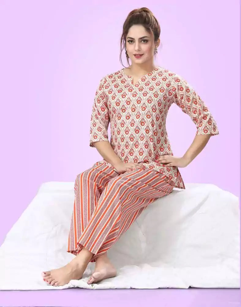 Off White Floral Printed Night Suit
