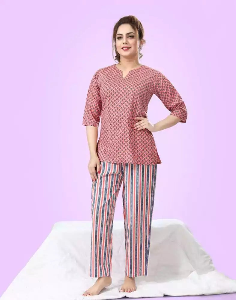 Peach Floral Printed Cotton Night Suit
