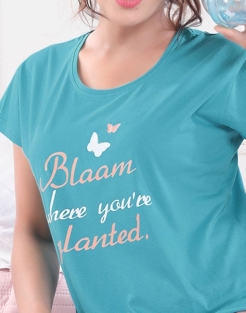 Sky Blue Typography Cotton Printed Capri Set