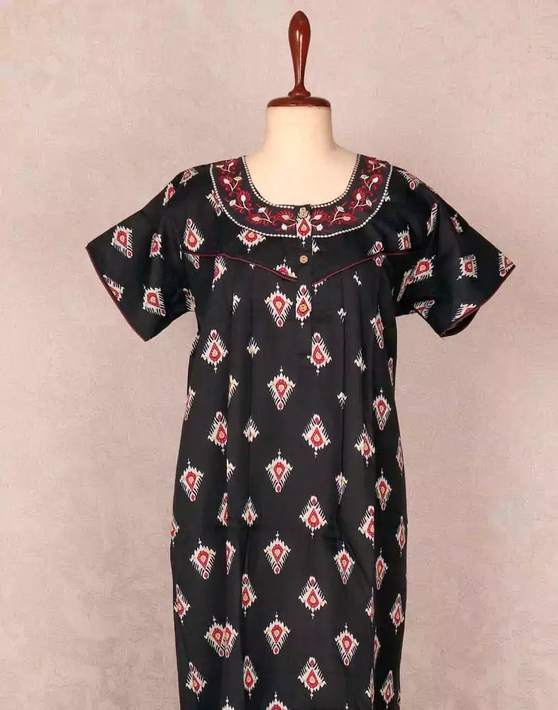 Black Coloured Block Print Cotton Nighty