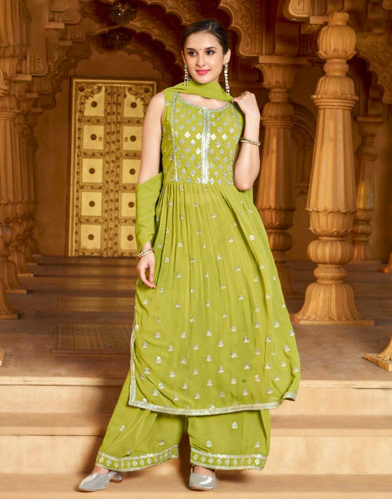 Light Green Floral Embellished work with Nyra Cut Georgette Kurti Set