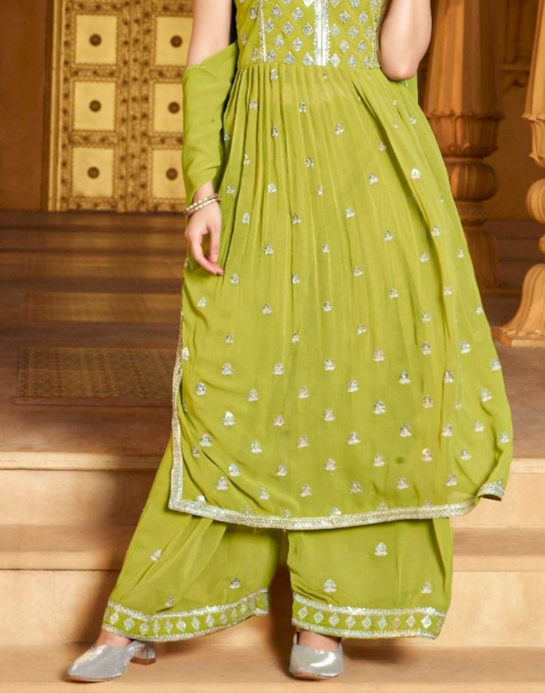 Light Green Floral Embellished work with Nyra Cut Georgette Kurti Set