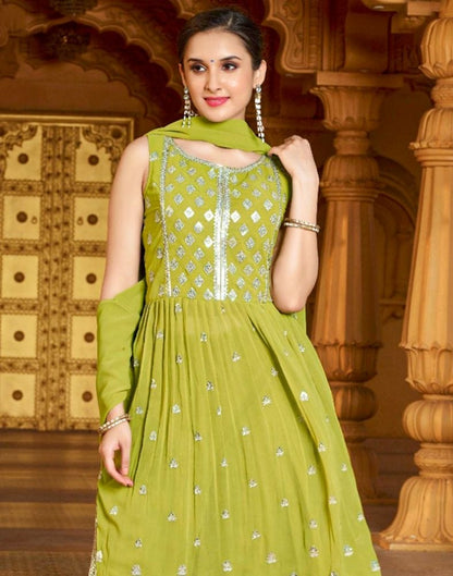 Light Green Floral Embellished work with Nyra Cut Georgette Kurti Set