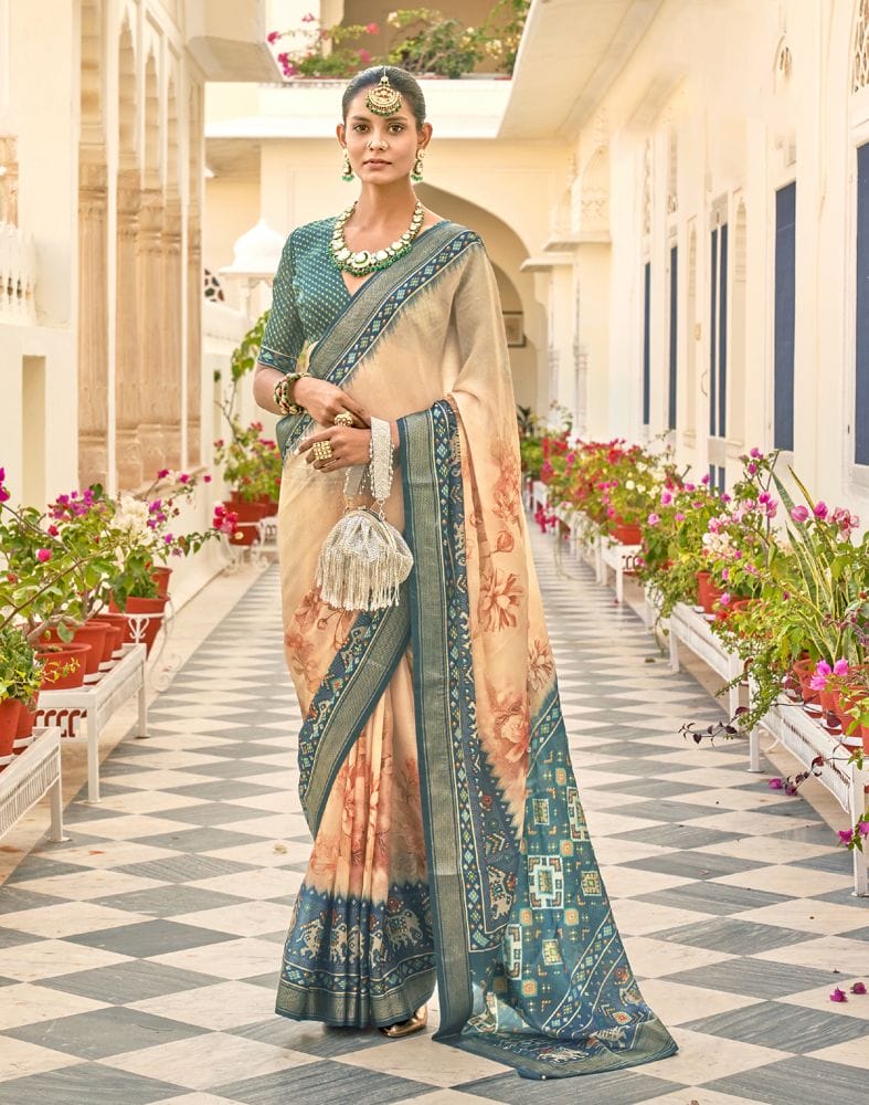 Peach Coloured Floral Print Dola Silk Fabric Saree