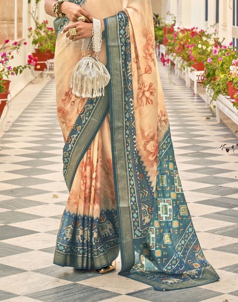 Peach Coloured Floral Print Dola Silk Fabric Saree