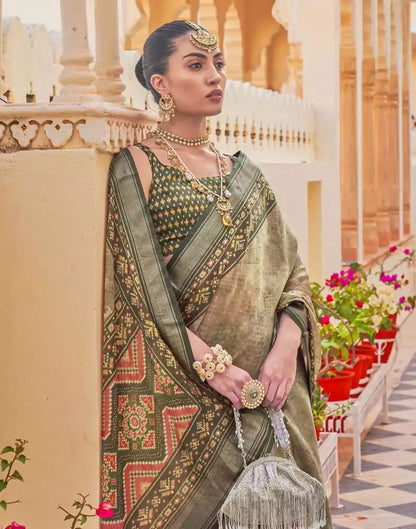 Floral Print Brown Coloured Dola Silk Saree
