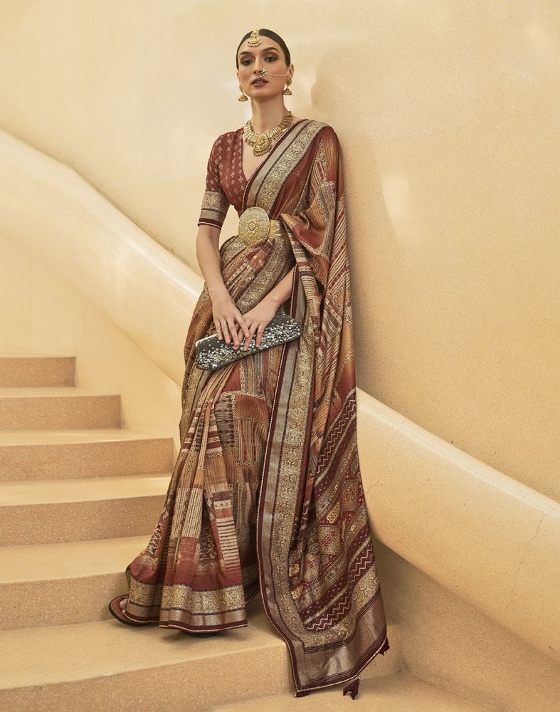 Brown Geometric Soft Art Silk Saree