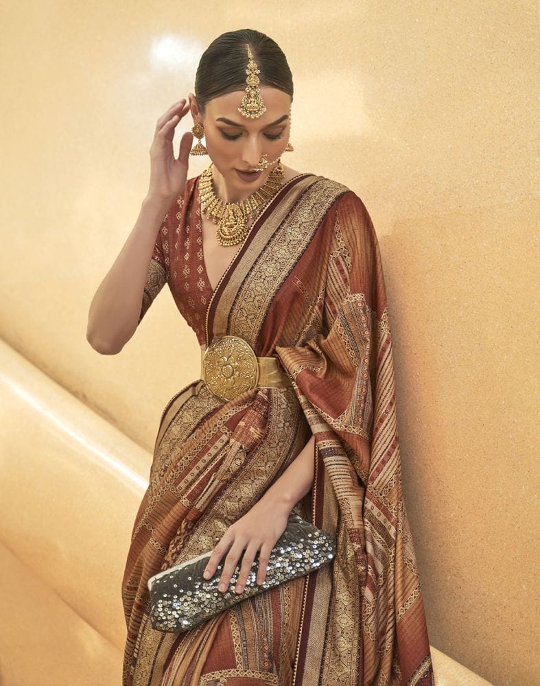 Brown Geometric Soft Art Silk Saree