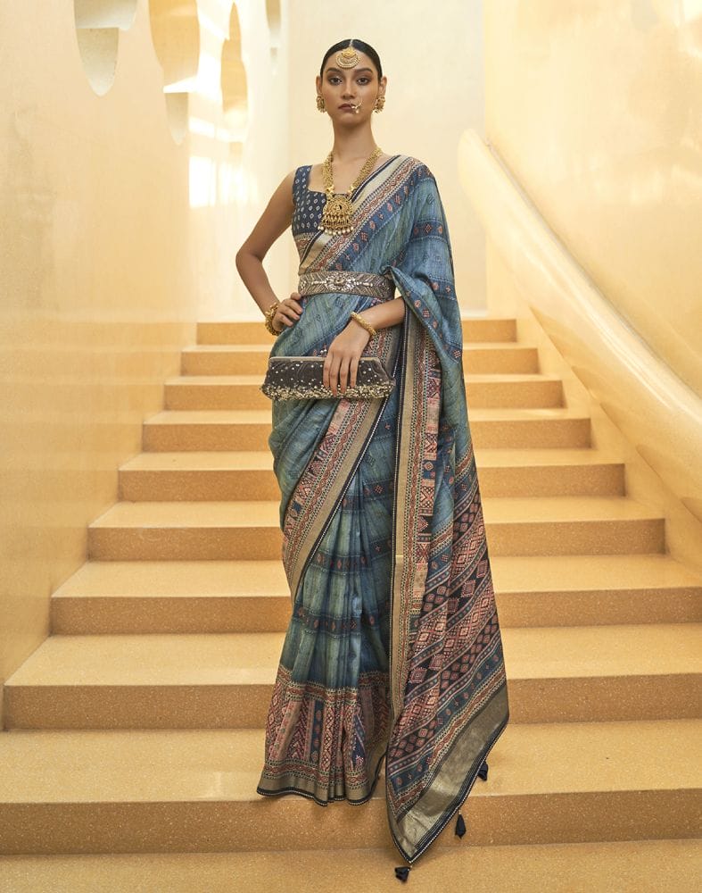 Light Blue Stripes Print Art Silk Saree