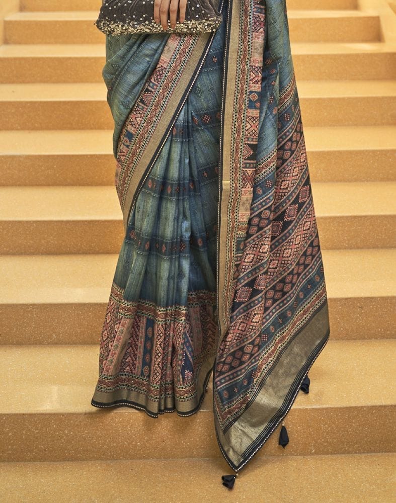 Light Blue Stripes Print Art Silk Saree