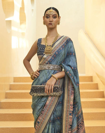 Light Blue Stripes Print Art Silk Saree