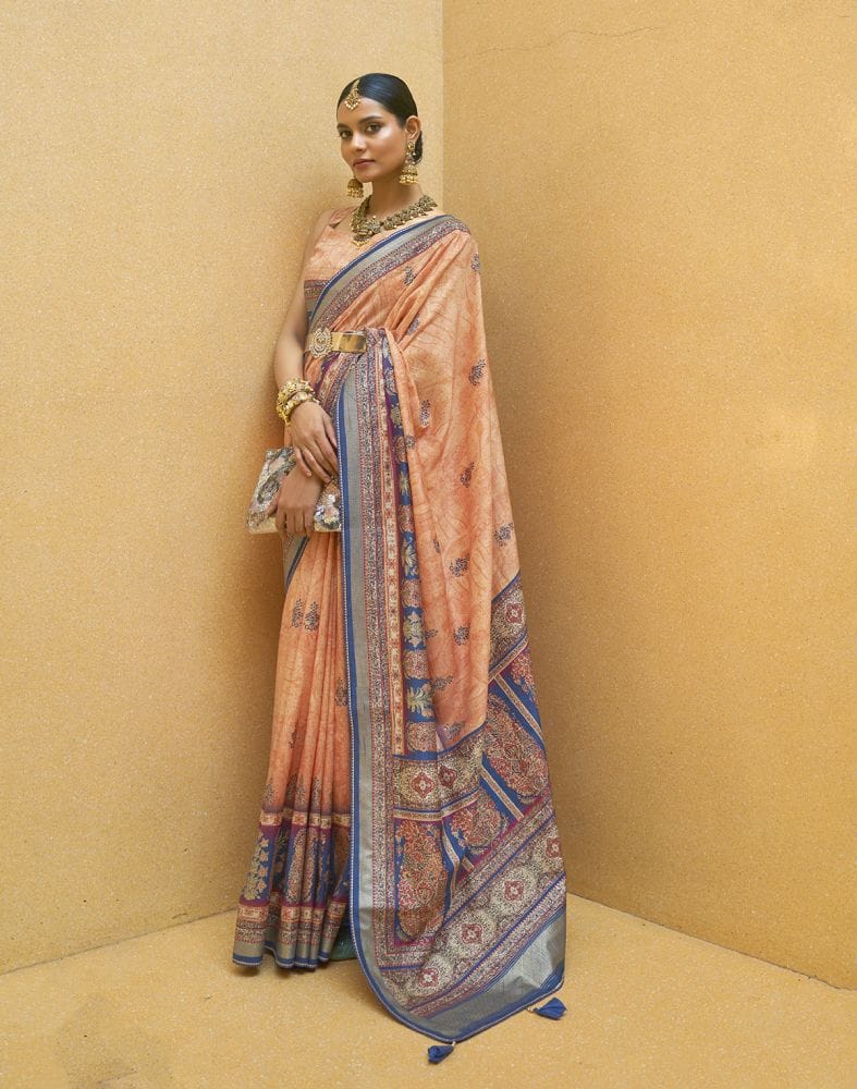 Copper Light Orange Floral Print Art Silk Saree