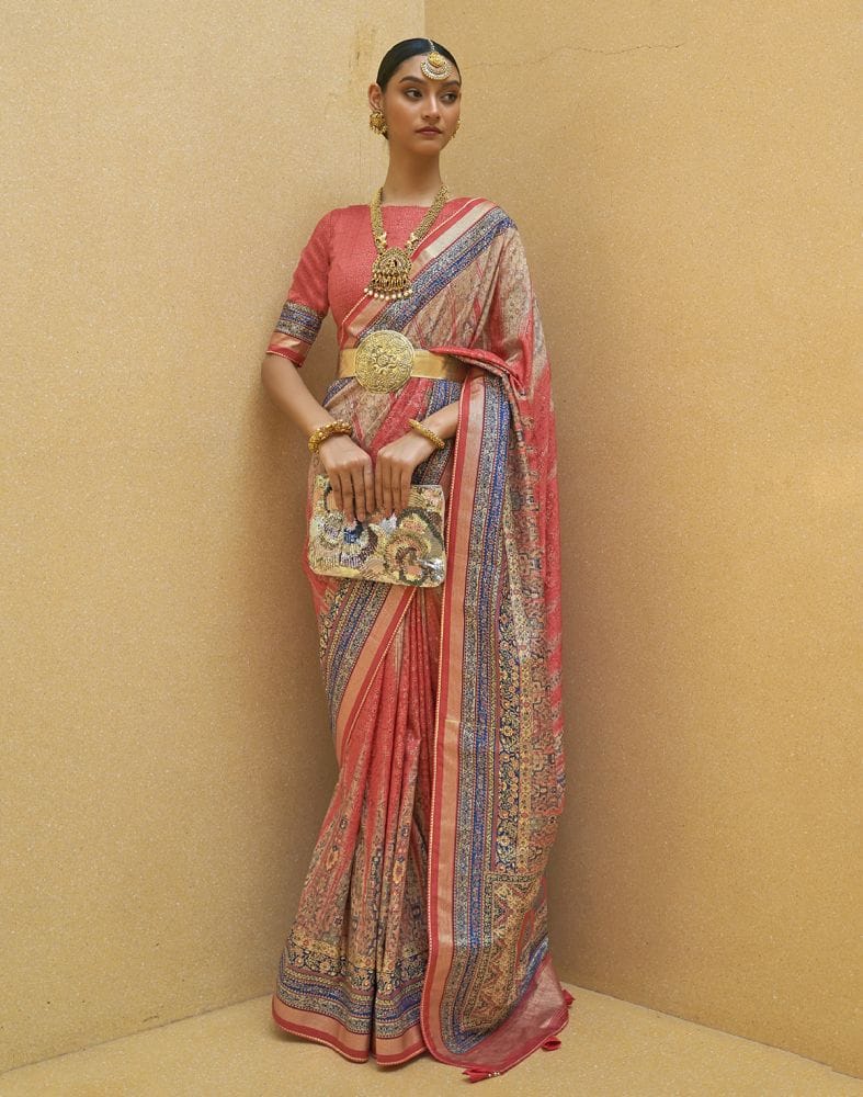 Attractive Peach Geometric Print Art Silk Saree