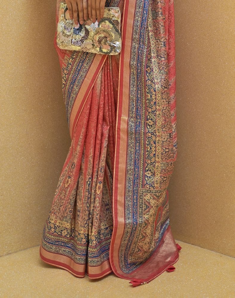 Attractive Peach Geometric Print Art Silk Saree