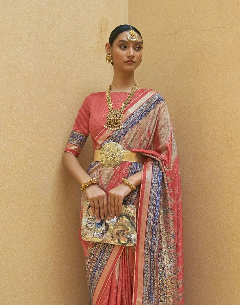 Attractive Peach Geometric Print Art Silk Saree