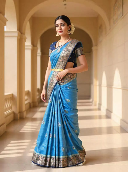 Sky Blue Floral Satin Meenakari work Banaras Soft Silk Saree