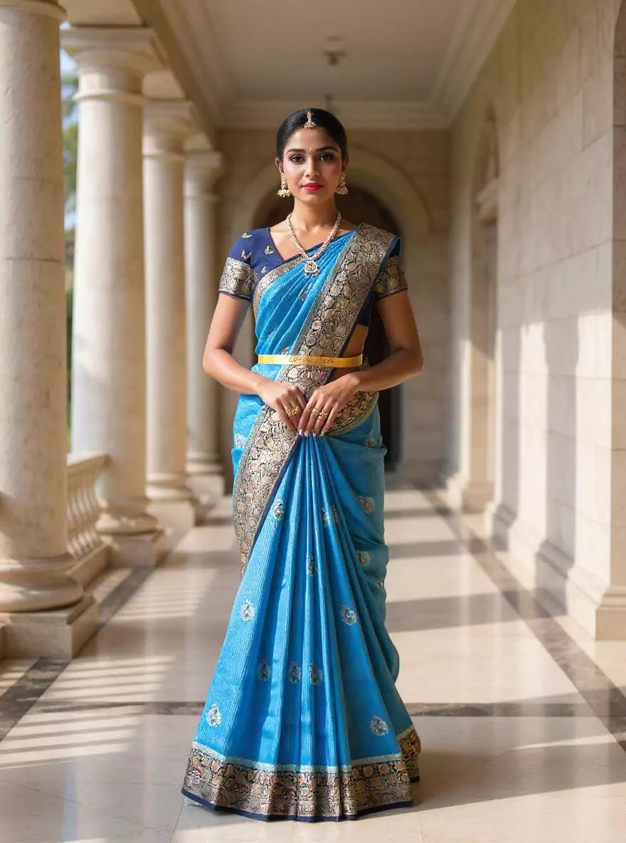 Sky Blue Floral Satin Meenakari work Banaras Soft Silk Saree